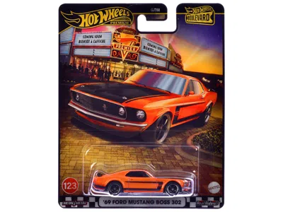 HOTWHEELS 1969 FORD MUSTANG BOSS 302 ORANGE WITH BLACK STRIPES AND HOOD "BOULEVARD" SERIES DIECAST MODEL CAR B
