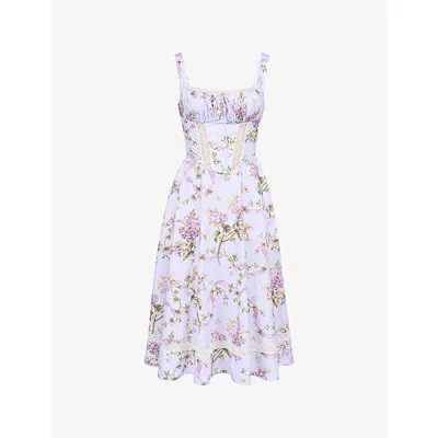 HOUSE OF CB WOMENS LILAC FLORAL KIM FLORAL-PRINT COTTON MIDI DRESS