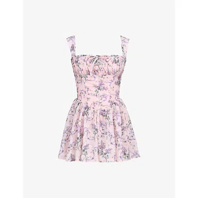 HOUSE OF CB WOMENS PINK RIBBON PRINT OPHELIA FLORAL-PRINT CHIFFON MINI DRESS
