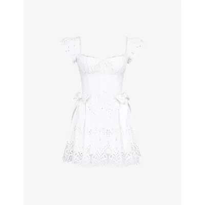 HOUSE OF CB WOMENS WHITE GIGLIO FRILL-TRIM BRODERIE COTTON MINI DRESS