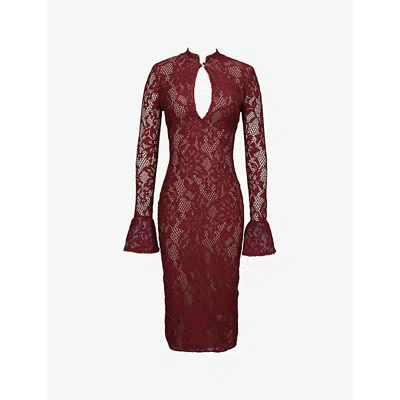 HOUSE OF CB WOMENS RHUBARB PIERETTE KEYHOLE-NECK STRETCH-LACE MIDI DRESS XS