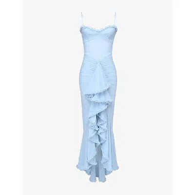 HOUSE OF CB WOMENS ICE BLUE GABBI RUFFLED-FRONT SLIM-FIT STRETCH-MESH MAXI DRESS XS