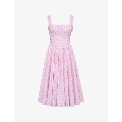 HOUSE OF CB WOMENS HOUSE OF CB AMARA FLORAL-PRINT LACE-EMBROIDERED STRETCH-COTTON MIDI DRESS