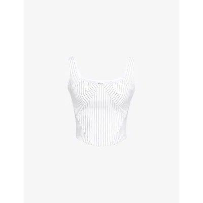 HOUSE OF CB WOMENS WHITE PINSTRIPE SELMA STRIPED STRETCH-WOVEN TOP