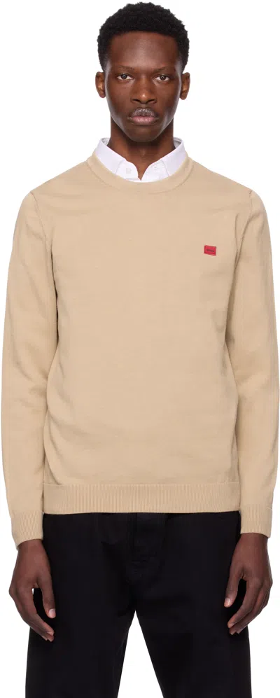 HUGO BOSS BEIGE KNITTED COTTON RED LOGO LABEL SWEATER