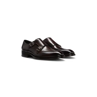 HUGO BOSS BURNISHED-LEATHER SHOES WITH DOUBLE MONK STRAP