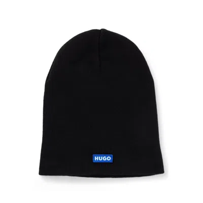 HUGO BOSS COTTON-KNIT BEANIE WITH BLUE LOGO LABEL