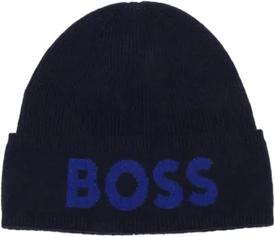 HUGO BOSS MEN'S ELIO BIG LOGO BEANIE, BLUE