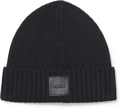 HUGO BOSS MEN'S FLAVIO RIBBED BEANIE, BLACK