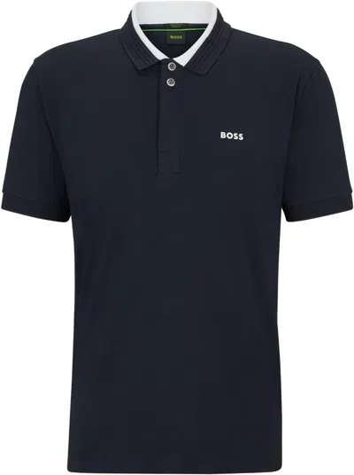 HUGO BOSS MEN'S PADDY 1 POLO SHIRT W/ WHITE COLLAR, NAVY