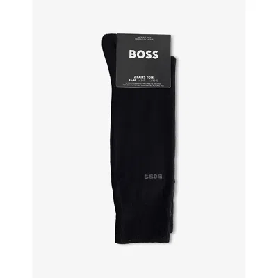HUGO BOSS MENS BLACK INTARSIA-LOGO CREW-LENGTH PACK OF TWO COTTON-BLEND KNIT SOCKS