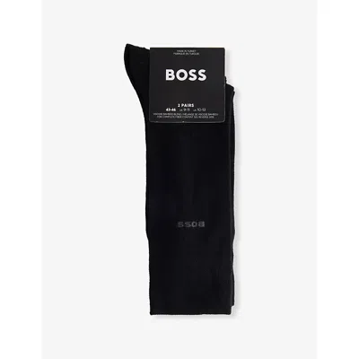 HUGO BOSS MENS BLACK INTARSIA-LOGO CREW-LENGTH PACK OF TWO STRETCH-KNIT SOCKS