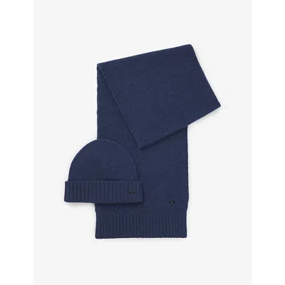 HUGO BOSS MENS DARK BLUE BRANDED WOOL-BLEND SCARF AND BEANIE HAT SET