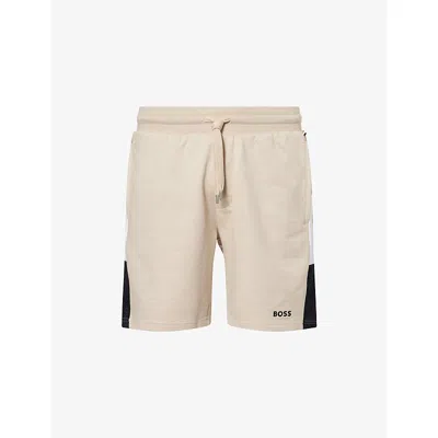 HUGO BOSS MENS LIGHT BEIGE ICONIC CONTRAST-PANELS COTTON-JERSEY SHORTS