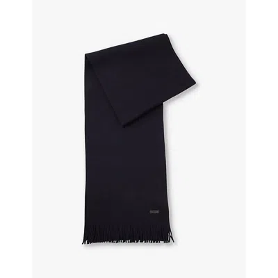 HUGO BOSS MENS DARK BLUE RASCHEL-KNIT LOGO-EMBROIDERED WOOL SCARF