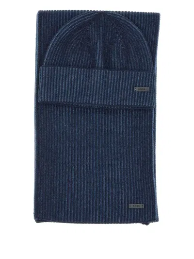 HUGO BOSS RIBBED WOOL BEANIE AND SCARF SET
