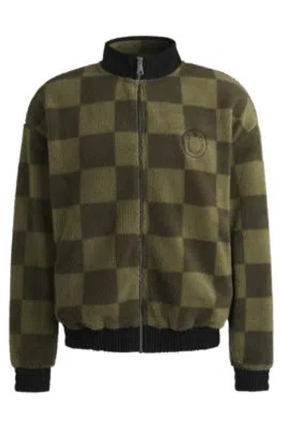 HUGO BOSS LOOSE-FIT ZIP-UP SWEATSHIRT IN CHECKERBOARD FLEECE