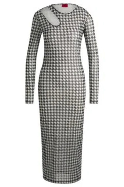 HUGO BOSS HOUNDSTOOTH MESH MIDI DRESS WITH CUT-OUT NECKLINE