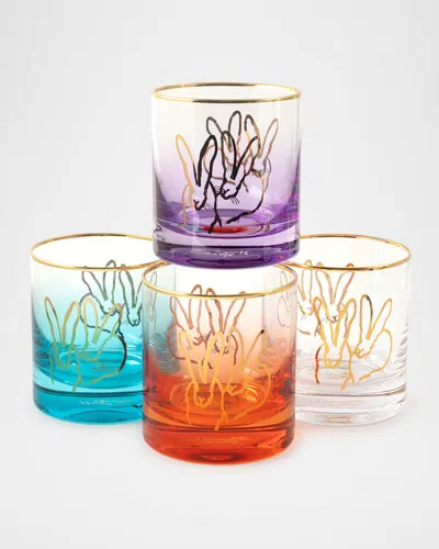 HUNT SLONEM JEWEL TONE DOUBLE BUNNY 10 OZ. OLD-FASHIONED GLASSES, SET OF 4