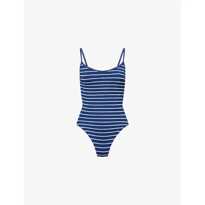 HUNZA G WOMENS NAVY/WHITE STRIPE PAMELA SEERSUCKER SWIMSUIT