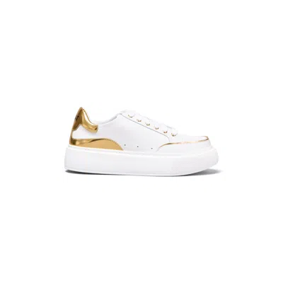 IL FRATELLINO WOMEN'S OFF DUTY WHITE ITALIAN LEATHER SNEAKER WITH GOLD METALLIC LEATHER FINISHING