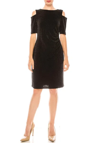 ILE CLOTHING SIDE PLEAT COLD SHOULDER SHEATH DRESS IN BLACK