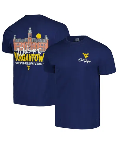 IMAGE ONE MEN'S AND WOMEN'S NAVY WEST VIRGINIA MOUNTAINEERS HYPER LOCAL WELCOME TO CAMPUS T-SHIRT