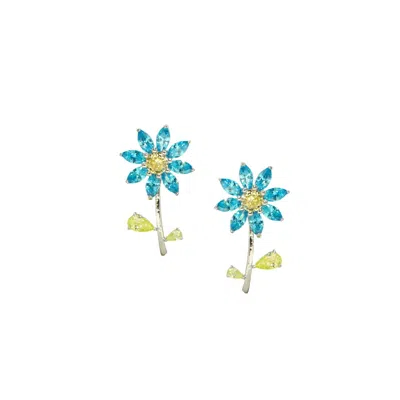 I'MMANY LONDON WOMEN'S GARDEN TALES CRYSTAL DAISY STERLING SILVER STUD EARRINGS AQUA BLUE