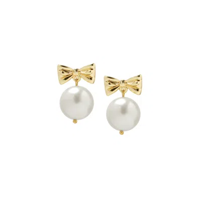 I'MMANY LONDON WOMEN'S GOLD / WHITE BALLERINA GOLDEN BOW & PEARL DROP EARRINGS