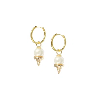 I'MMANY LONDON WOMEN'S GOLD / WHITE HEART MELTER ICE CREAM CHARM EARRINGS WITH DETACHABLE GOLD VERMEIL HOOPS