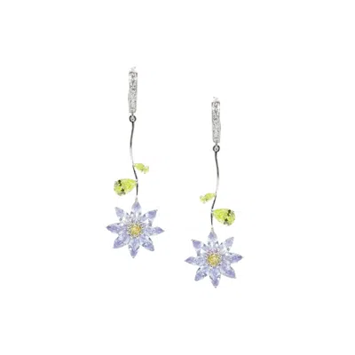 I'MMANY LONDON WOMEN'S PURPLE GARDEN TALES CRYSTAL DAISY DROP EARRING WITH PAVE HOOPS, LILAC