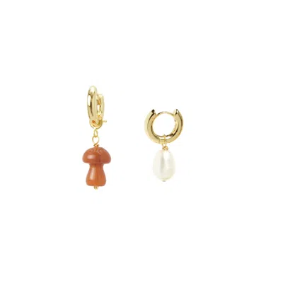 I'MMANY LONDON WOMEN'S RED ORGANIC PRODUCE DETACHABLE MUSHROOM & FRESHWATER PEARL GOLD VERMEIL HOOP EARRINGS, CARAM
