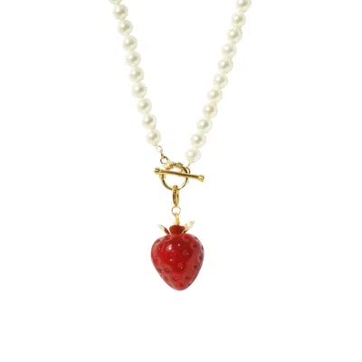I'MMANY LONDON WOMEN'S RED STRAWBERRY FIELDS PEARL NECKLACE WITH JUMBO GLASS STRAWBERRY AND GOLDEN LEAVES