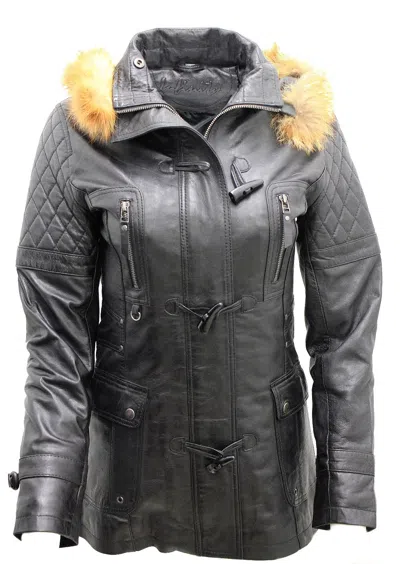 INFINITY DAMEN ABNEHMBARER KAPUZE GESTEPPT SCHWARZ LEDER PARKAJACKE