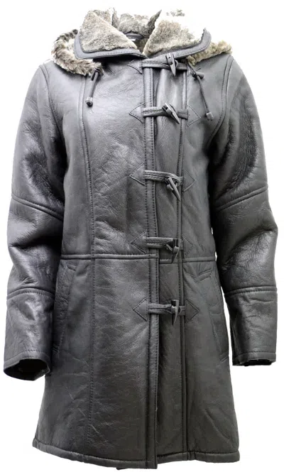 INFINITY DAMEN SCHWARZ MIT KAPUZE ECHT LAMMFELL LEDER DUFFLE COAT