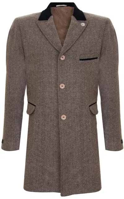 INFINITY LEATHER HERREN 3/4 BROWN LANG CROMBIE MANTEL JACKE FISCHGRÄTEN TWEED PEAKY BLINDER