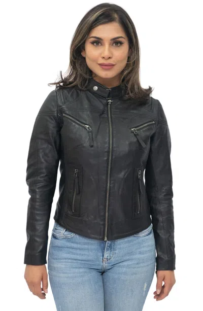 INFINITY LEATHER WOMEN'S CASUAL SLIM-FIT LEATHER BIKER JACKET-TULSA