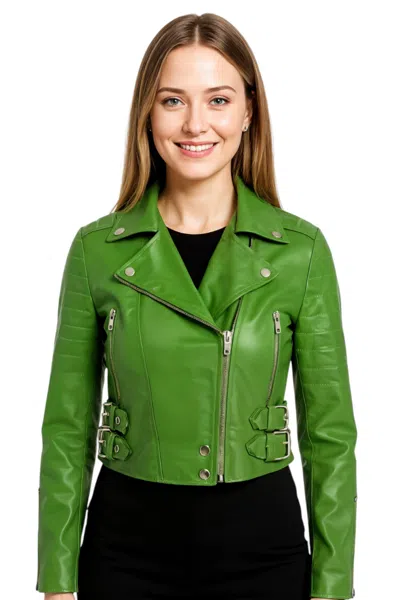 INFINITY LEATHER WOMENS APPLE GREEN CROPPED BRANDO LEATHER BIKER JACKET-BELLVILLE