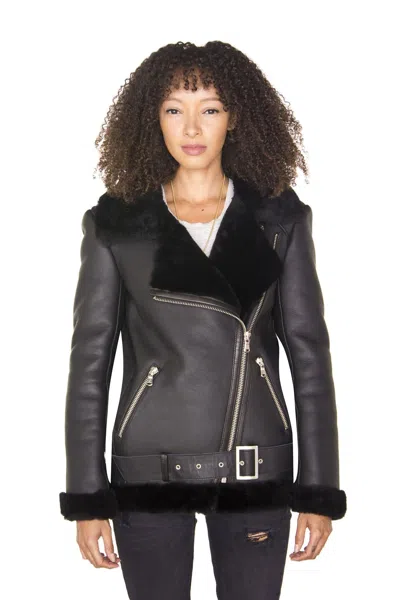 INFINITY LEATHER WOMENS BLACK SHEEPSKIN AVIATOR BIKER JACKET-MERIDA