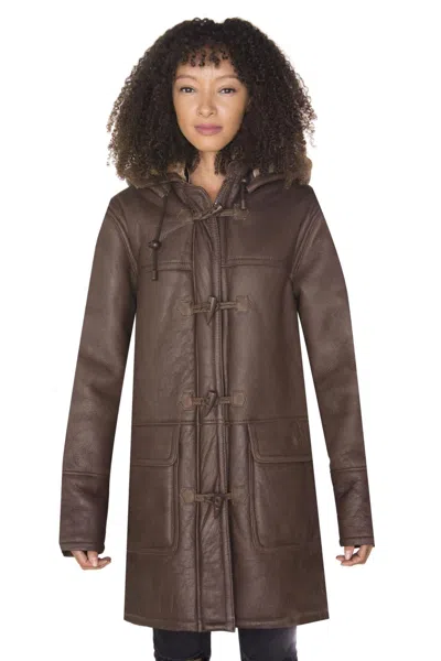 INFINITY LEATHER WOMENS BROWN HOODED SHEEPSKIN LEATHER DUFFLE COAT-CHARLOTTE