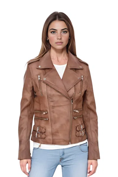 INFINITY LEATHER WOMENS LEATHER TAN BROWN BRANDO BIKER JACKET-CONSTANTIA