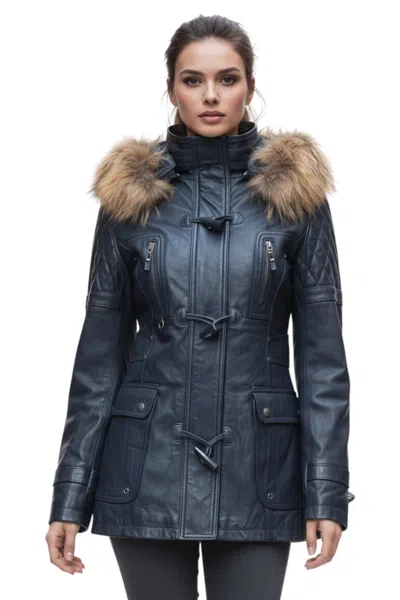 INFINITY LEATHER WOMENS NAVY LAMB LEATHER QUILTED PARKA FUR HOOD JACKET- DUCHESS