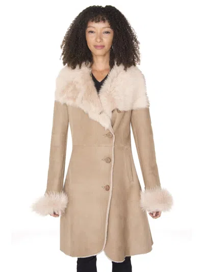 INFINITY LEATHER WOMENS SUEDE MERINO SHEARLING COAT WITH TOSCANA COLLAR-ROCHFORD