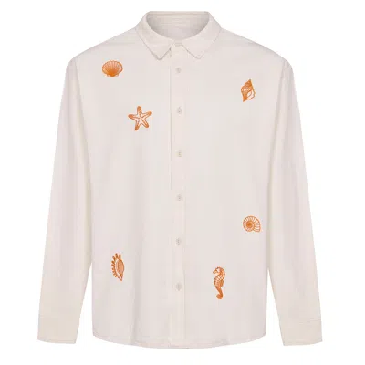 INGMARSON MEN'S WHITE SHELL EMBROIDERED ORGANIC COTTON SHIRT ECRU