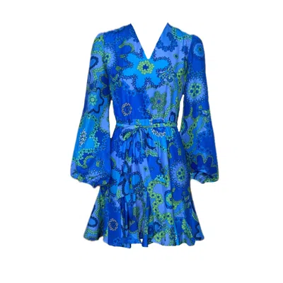 INTROVERTIE VIENNA WOMEN'S BLUE SOHO MINI SILK COTTON BALLOON SLEEVE DRESS - AZURE BLOOM