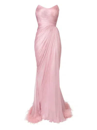 IRIS SERBAN MERA PLEATED FEATHER-TRIMMED GOWN