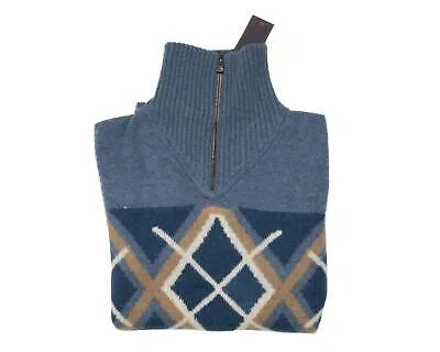 ISAIA ISAIA $2,395 BLUE BEIGE WHITE ARGYLE CASHMERE 1/4 ZIP TURTLENECK SWEATER M