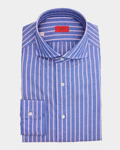 ISAIA MEN'S COTTON AND LINEN STRIPE DRESS SHIRT