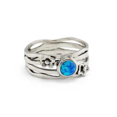 ISLA SILVER WOMEN'S BLUE / SILVER MULTI-BANDED BLUE OPAL & FLOWER RING