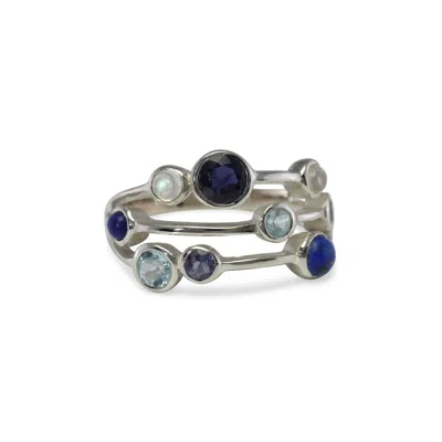 ISLA SILVER WOMEN'S BLUE / SILVER MULTI-BANDED IOLITE, BLUE TOPAZ, MOONSTONE & LAPIS STATEMENT RING